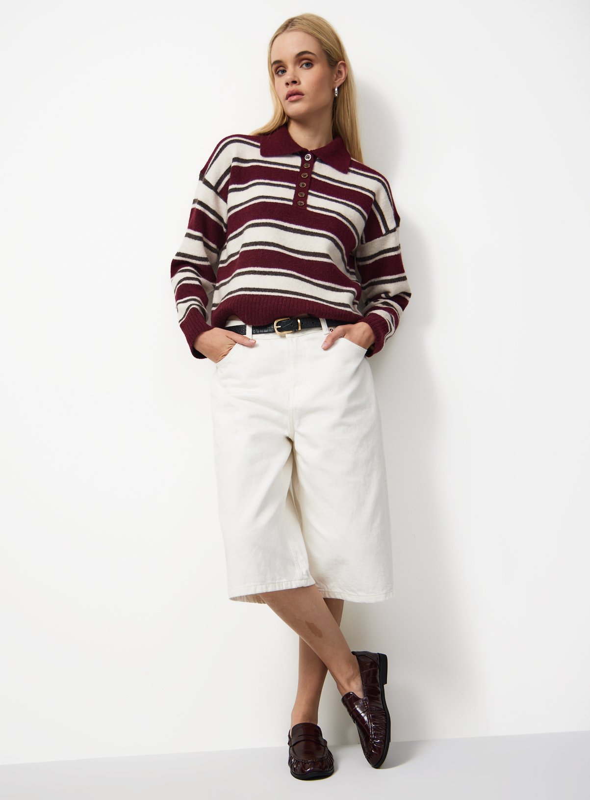 Burgundy Stripe Knitted Long Sleeve Polo Jumper S - Image 2 thumbnail